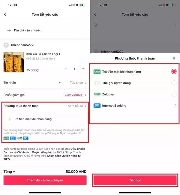 TikTok cung cấp nhiều lựa chọn thanh toán khác nhau.