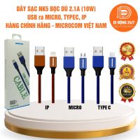 Dây sạc nhanh NK5 bọc dù 2.1A - Chính hãng Microcom Việt Nam - Đủ 3 chân USB ra Micro, USB ra TypeC, USB ra IP